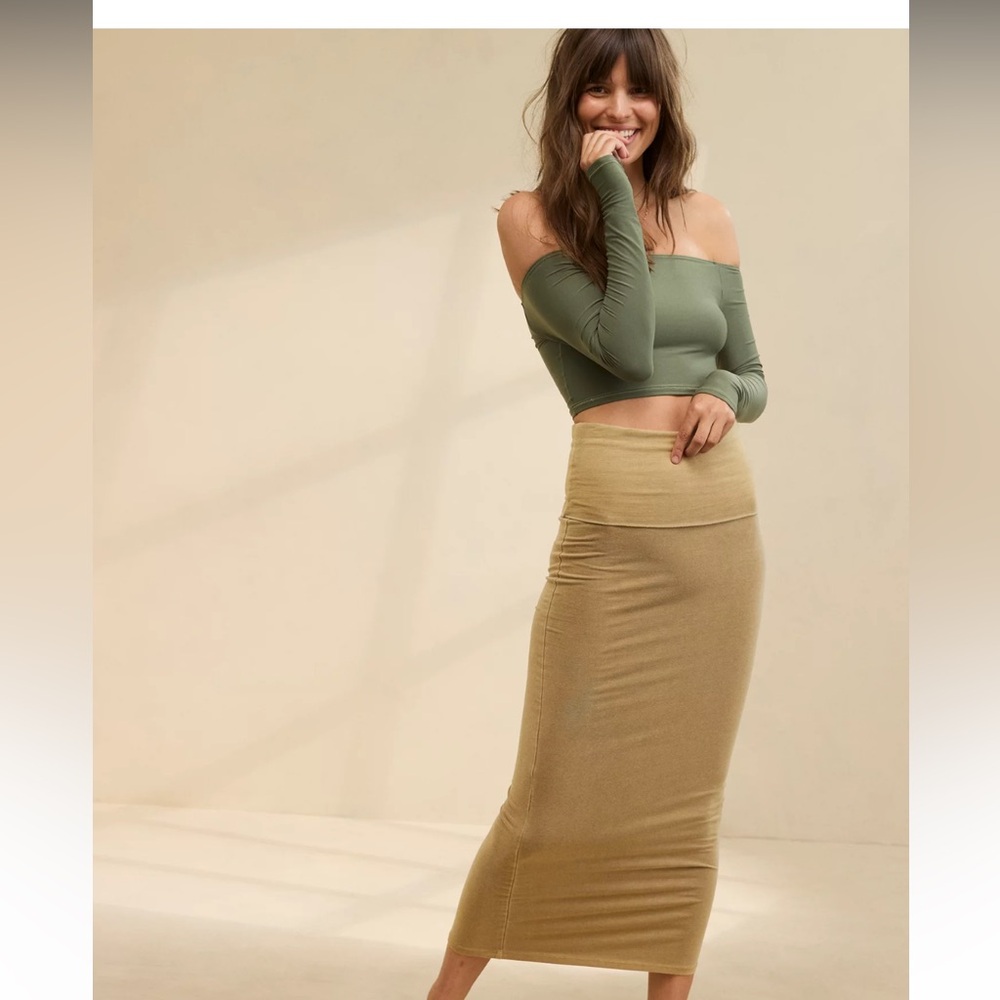 Aerie Tan Ribbed Maxi Fold Over Skirt Large NWT